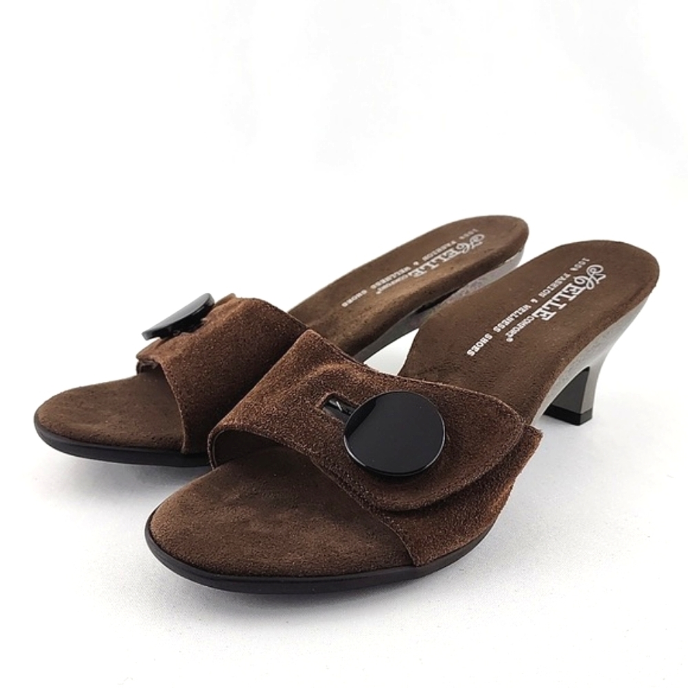 Helle Comfort Brown Suede Chrome Kitty Heeled Slip On Sandals Arch Support Sz 38